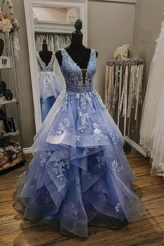 Casual Women's Clothing Blue Tulle Lace Applique Long Prom Dress Custom A Line Evening Gown        S3835