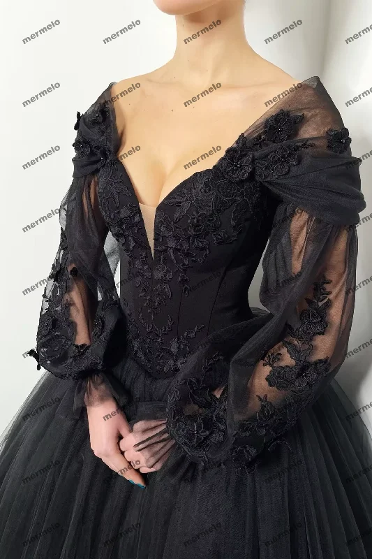 High-End Women's Apparel Black Evening Dresses Lace Applique Tulle Off Shoulder Puffy Full Sleeves A Line Long Chapel Train Party Prom Gowns