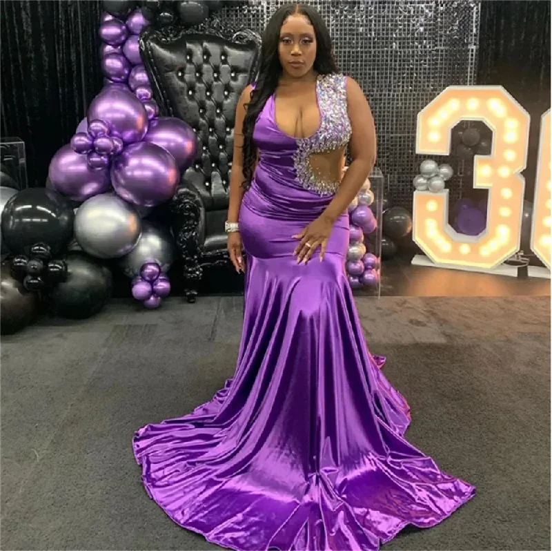 Women's Evening Outfit Dreamy Purple Mermaid Long Evening Dresses Crystal Shoulder Prom Gown See Through Waist Design Black Girl Birthday Party Dresses