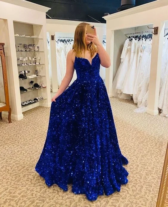 Women's Outfit Stunning Ball Gown V Neck Royal Blue Sequins Long Prom Dresses     S3720