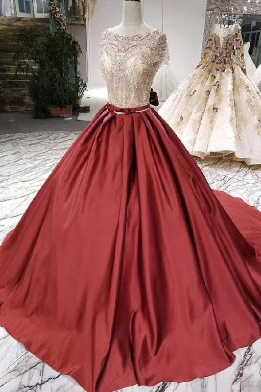 Women's Clothes For Special Occasions Ball Gown Scoop Burgundy Short Sleeves Beads Lace up Quinceanera Dresses