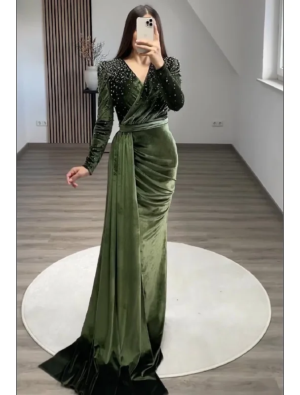 Women's Formal Wear Mermaid / Trumpet Evening Gown Maxi Dress Formal Floor Length Long Sleeve V Neck Velvet with Ruched Pearls