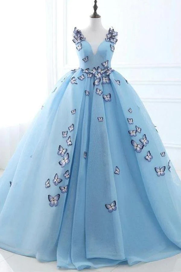 Casual Clothes For Women Ball Gown Long Sky Blue Butterfly V Neck Appliques Lace up Prom Quinceanera Dresses