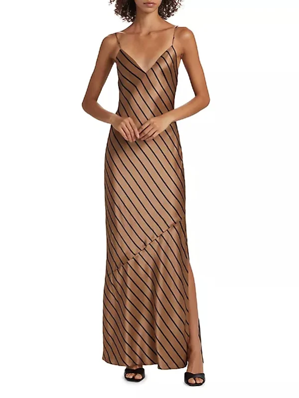 Vintage-Inspired Women's Apparel Raven Stripe Silk Slip Gown In Nutshell Stripe