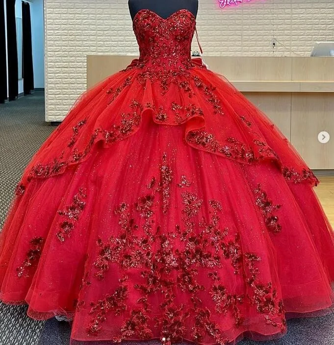 Women's Street Style Casual Wear Red Quinceanera Dress Ball Gown, Sweet 16 Dresses, Sweet 15 Dresses         S3848