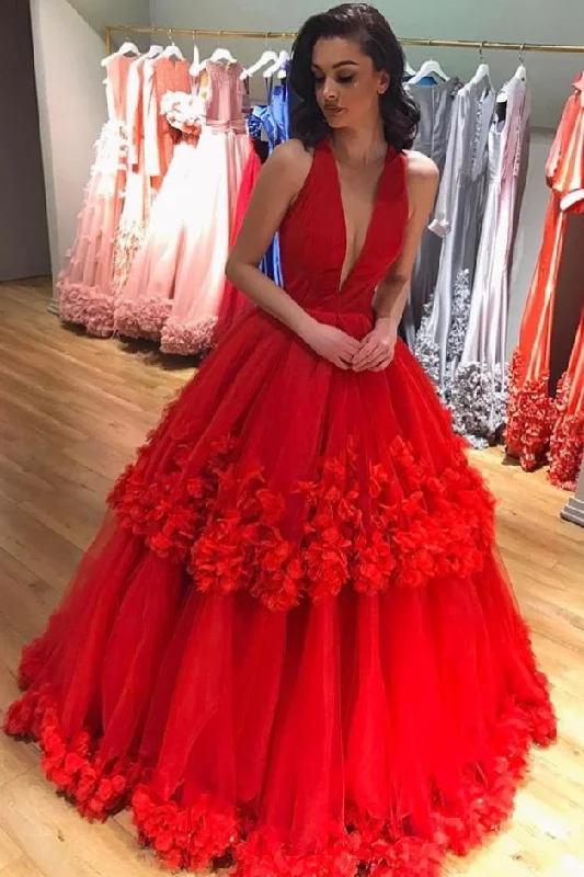 Modern Women's Clothes Ball Gown Red Deep V Neck Tulle Prom Dresses Long Appliques Quinceanera Dresses