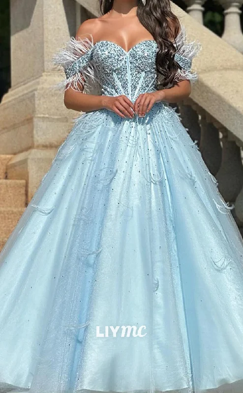 Women's Plus-Size Clothes LP2010 - Sweetheart Puff Sleeves Beaded Feathered Ball Gown Prom Dress