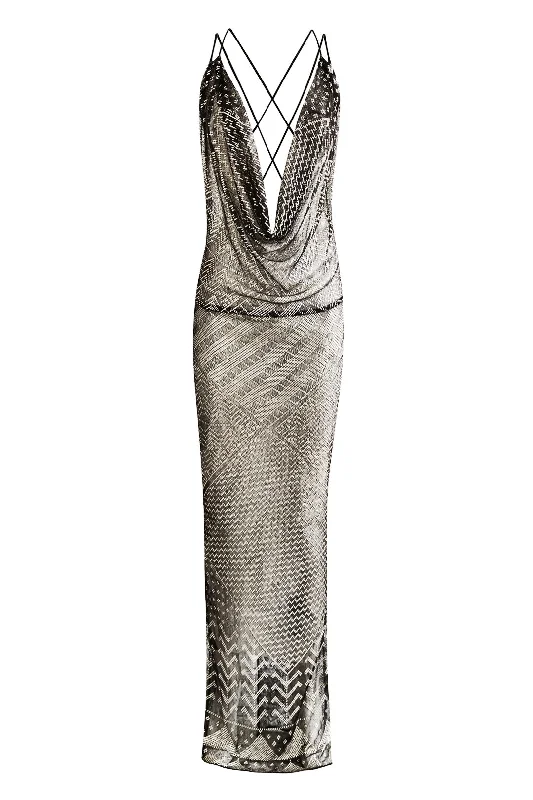 Women's Plus-Size Attire 1920's Egyptian Black and Silver Geometric Gown