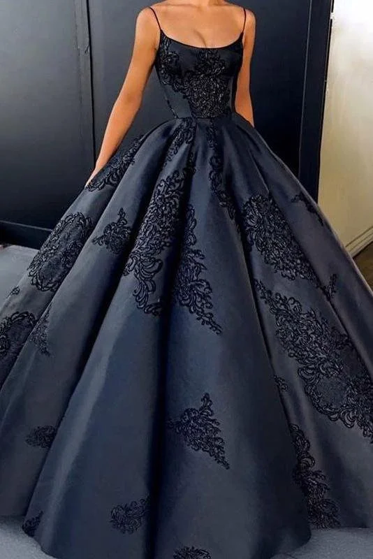 Women's Formal Clothes Ball Gown Spaghetti Straps Navy Blue Vintage Cheap Long Prom Quinceanera Dresses