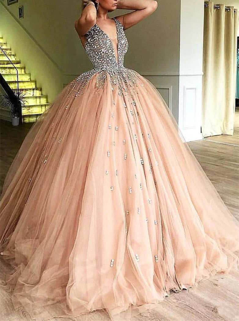 Women's Clothes And Apparel Sets Unique Ball Gown V Neck Sleeveless Beading Tulle Prom Dresses Quinceanera Dress