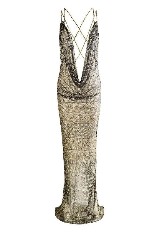 Women's High-Fashion Attire 1920's Egyptian Black and Gold Geometric Gown