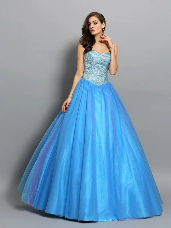 Clothes For Woman Ball Gown Sweetheart Beading Sleeveless Long Tulle Quinceanera Dresses