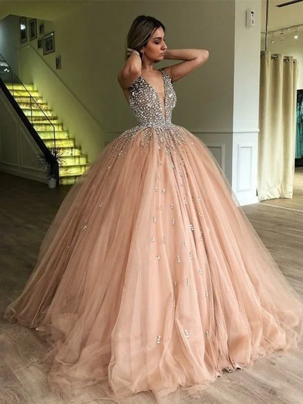 Sale For Women Ball Gown V-neck Sleeveless Floor-Length Beading Tulle Dresses