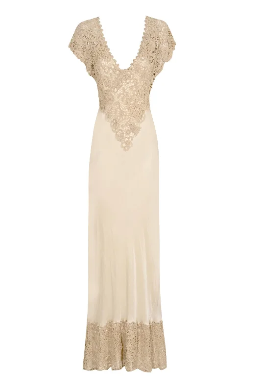 Formal Attire For Women 1940s Cream Silk and Crochet Gown