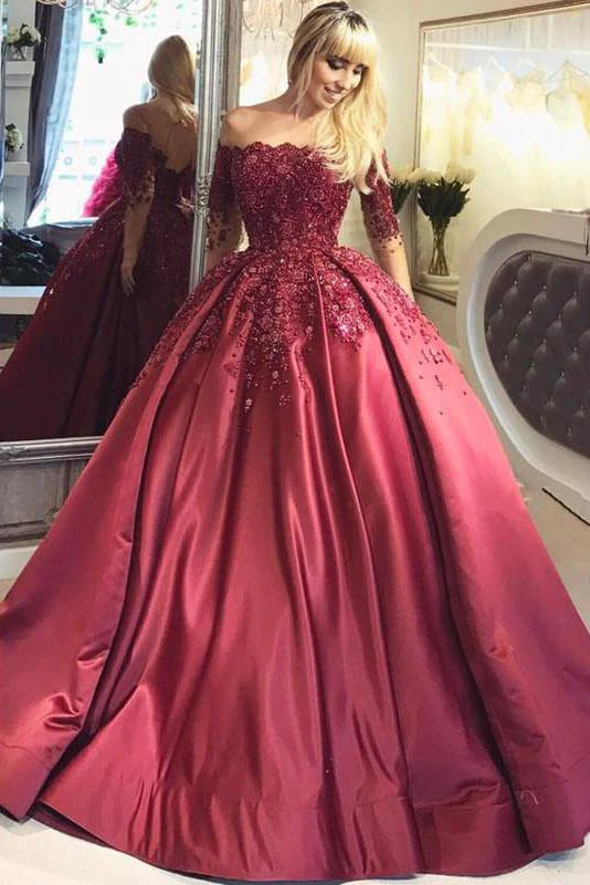 Women's Clothes For Work Dark Red Lace Long Sleeve Prom Dress Off-the-Shoulder Ball Gown Quinceanera Dress