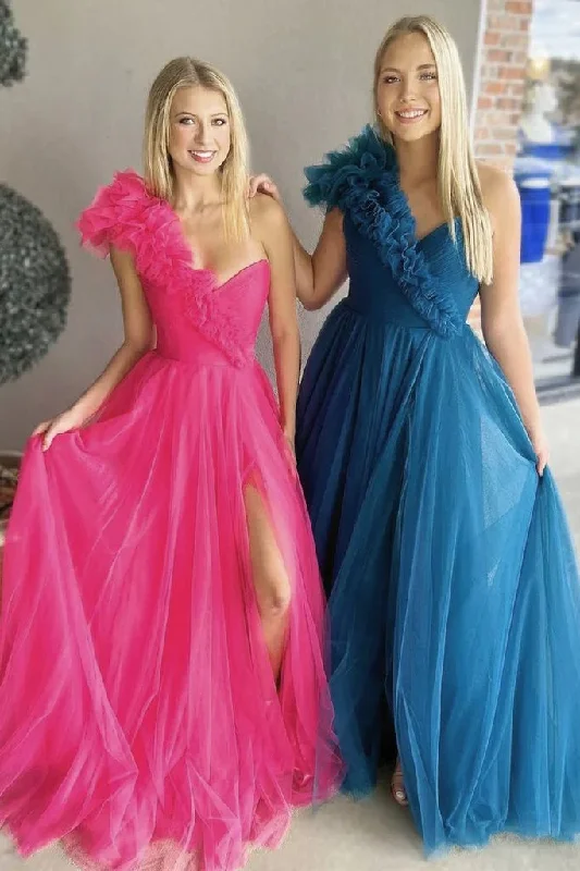 Women's Trendy Outfits A Line Pink One Shoulder Tulle Prom Gown with Slit, New Arrival Women Dress       S5082