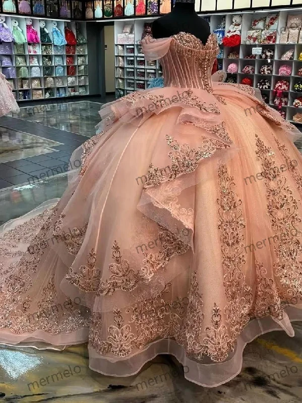 Bold and Elegant Women's Fashion Blush Pink Ruffel Sweety Quinceanera Dresses Ball Gown Off Shoulder Birthday Sweet 15 16 Dress