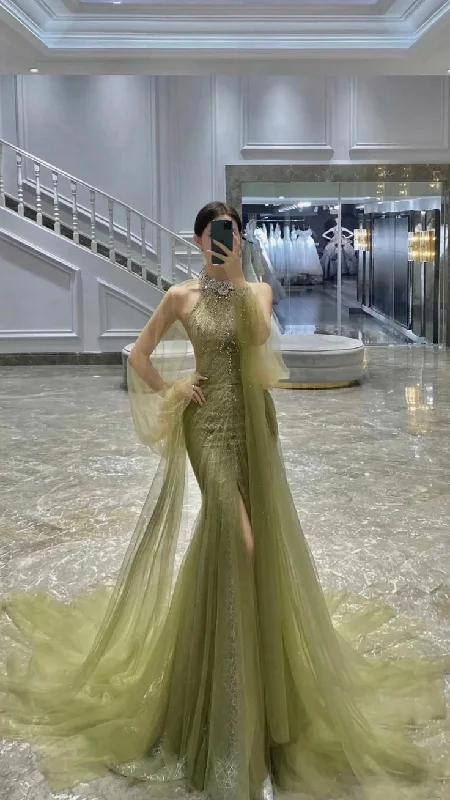 Timeless Women's Clothes Green Tulle Evening Dress,Long Prom Dress,Elegant Prom Gown       S5856