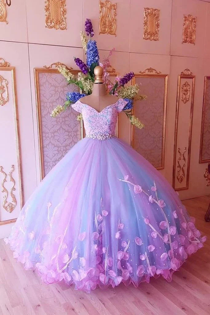 Timeless Women's Apparel Princess Pink and Blue Ball Gown Off the Shoulder Prom Dresses With Flower Quinceanera Dresses