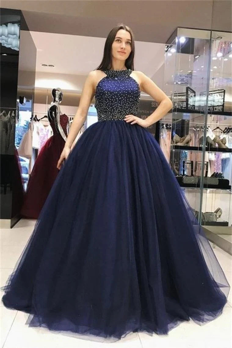 Women's Clothes For Outdoor Events Ball Gown Long Navy Blue Beading Tulle Princess Prom Dresses Quinceanera Dresses