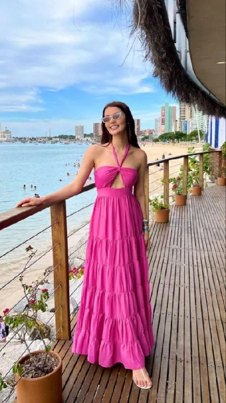 Women's Functional Outfit For Outdoor Activities Hot Pink Halter Sleeveless Party Gown Long Prom Dress      S3601