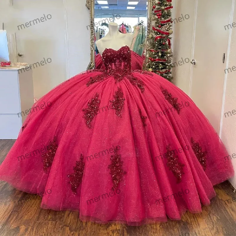 Women's Casual Dresses Burgundy Quinceanera Dresses Sweetheart Ball Gown Crystal Lace Appliques