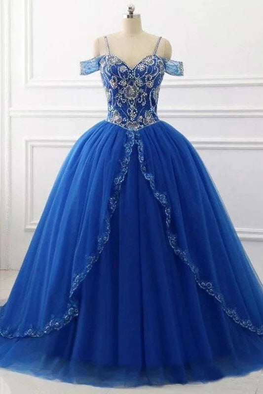 Women's Resort Apparel Ball Gown Off the Shoulder Royal Blue Quinceanera Dresses Beaded V Neck Prom Dresses