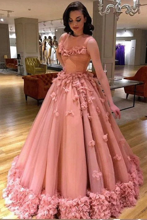 Women's Night-Out Clothes Ball Gown High Neck Pink Appliques Tulle Quinceanera Dresses Long Dance Dresses