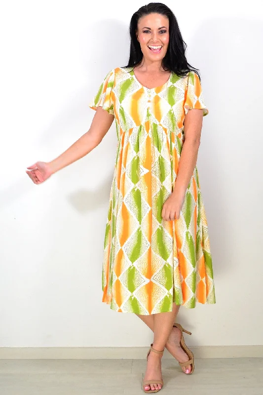 Women's Clothes For Work Events Orange Green Pattern Tunic Dress