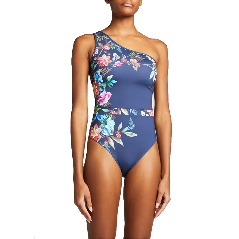 Women's Outerwear Clothing Johnny Was Women's Blue Floral Print Bloom One Shoulder One Piece Swimsuit