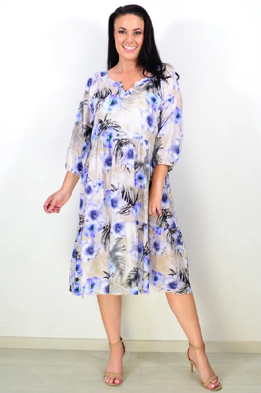 Women's Cozy Clothes Beige Blue Floral Midi Tunic Dress