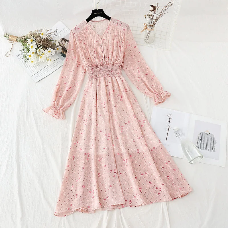 Women's Vintage Clothes Pleated knee length floral dress gentle wind thin temperament slim skirt  4808