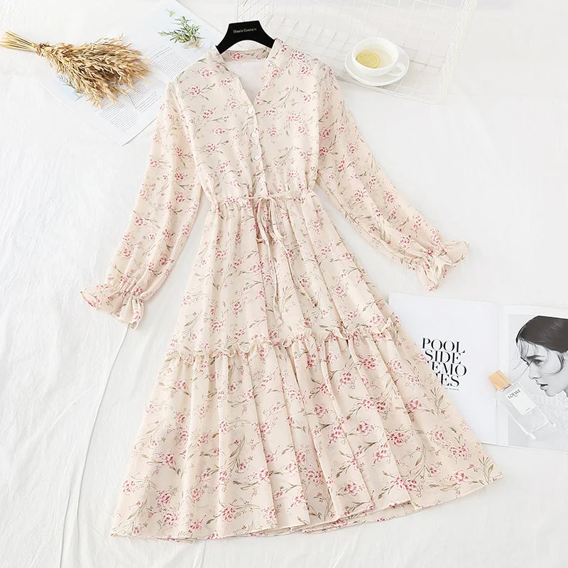 End of Season Sale Long sleeved floral dress French Retro  4701