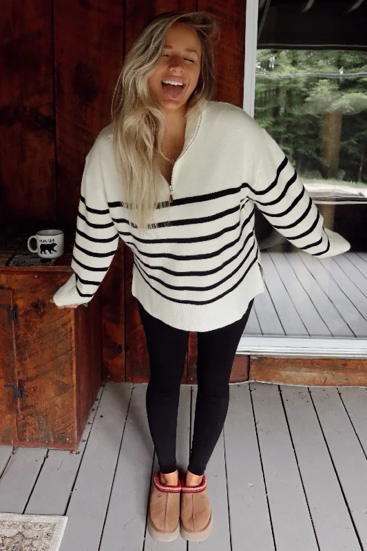 Women's Sports Apparel Ivory Striped Half Zip Sweater