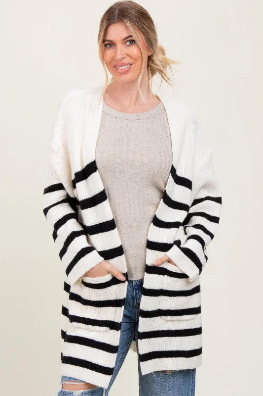 Clothing Online Ivory Black Knit Striped Long Cardigan