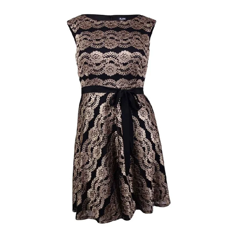 Women's Occasion Wear Clothing SLNY Fashion Women's Belted Floral Overlay Lace Dress