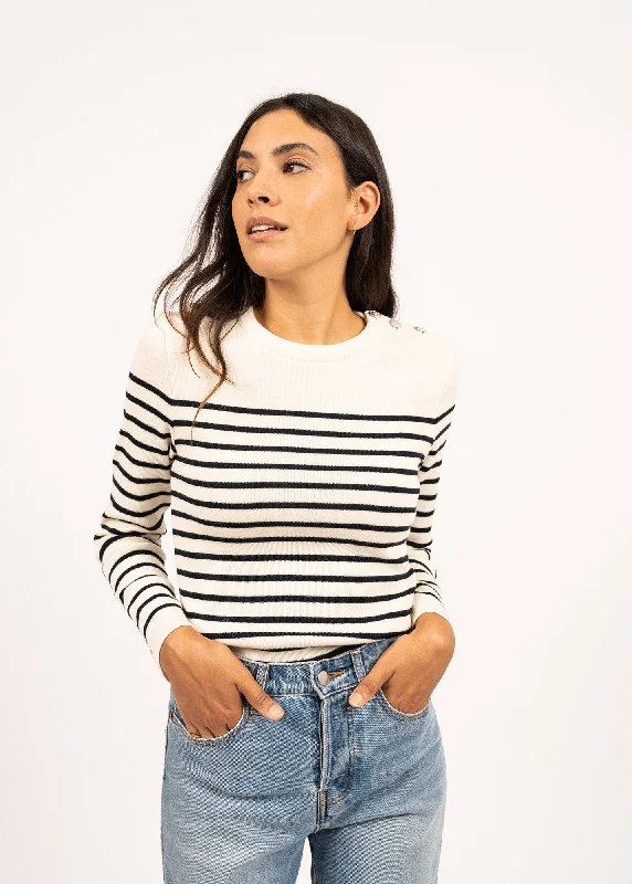 Chic Clothing For Women MAREE II - Soft Wool Striped Breton Sweater for Women | Slim Fit (IVORY / NAVY)