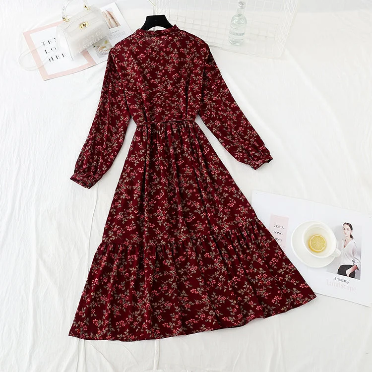 Sales Clothes New long sleeved chiffon skirt sweet waist slim gentle wind Floral Dress  4546