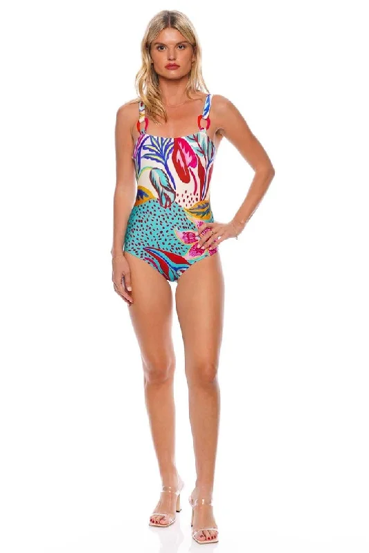 Women's Clothing For Holiday Travel Patbo White Women's One Piece Flora Abstract Print Square Neck Swimsuit