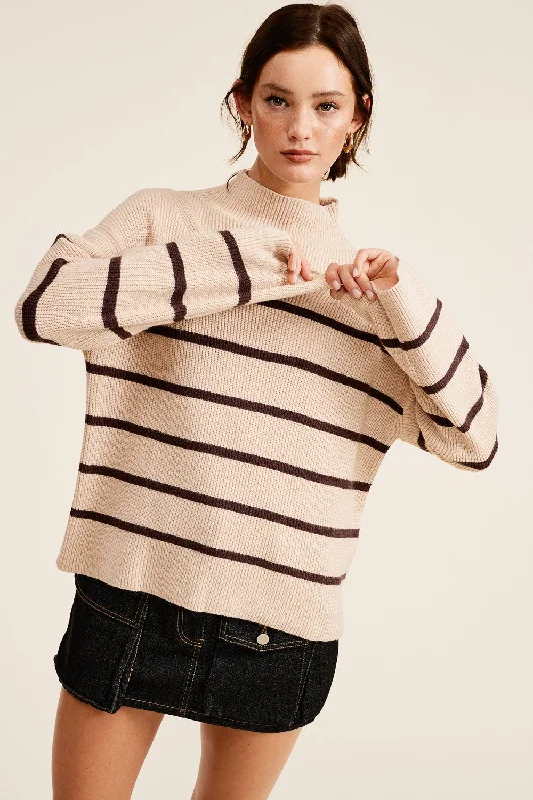 Women's High-Fashion Outfit Beige Striped Mock Neck Sweater