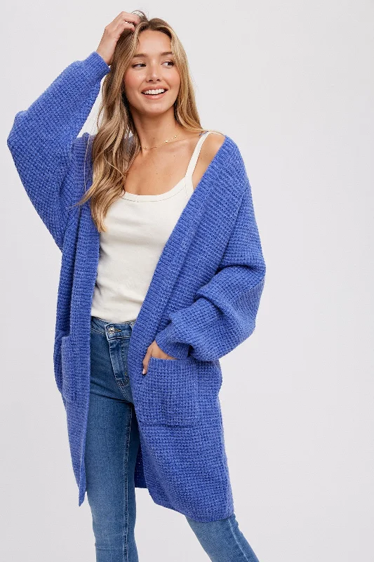 Women's Clothes For Special Occasions Blue Chunky Waffle Knit Cardigan