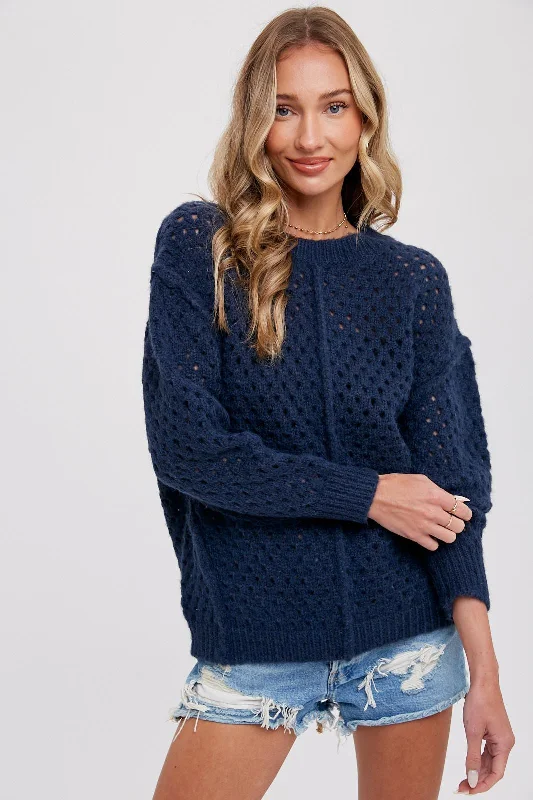 Women's Athletic Clothes Navy Open Chunky Knit Sweater