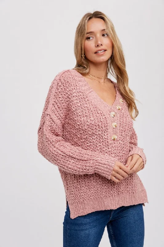 Women's Casual Wear Clothes Mauve Chunky Knit Button V-Neck Sweater