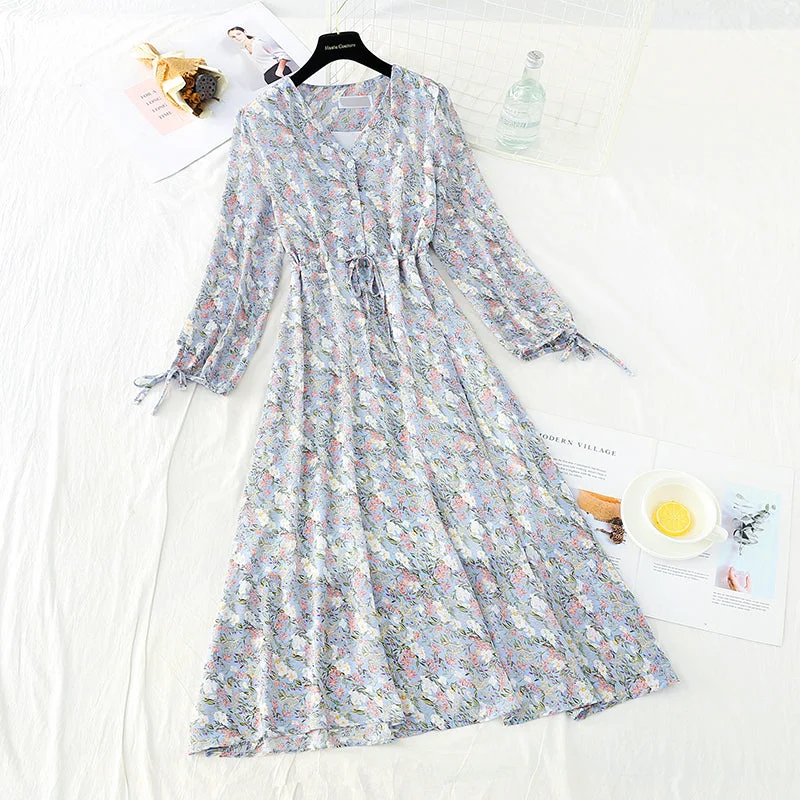 Charming Everyday Clothing For Women New long sleeve waistband lace up thin Chiffon gentle wind Floral Dress  4719