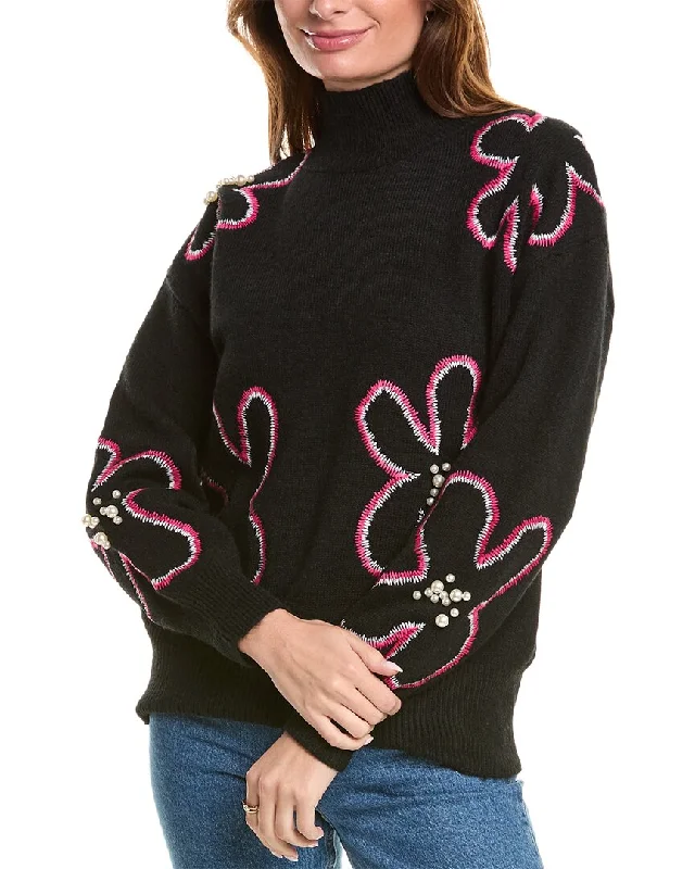 Best Online Women's Boutiques Gracia Flower Embroidered Mock Neck Sweater