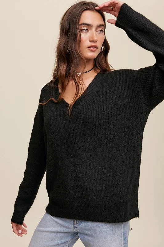 Women's Garments Black V-Neck Relaxed Fit Sweater