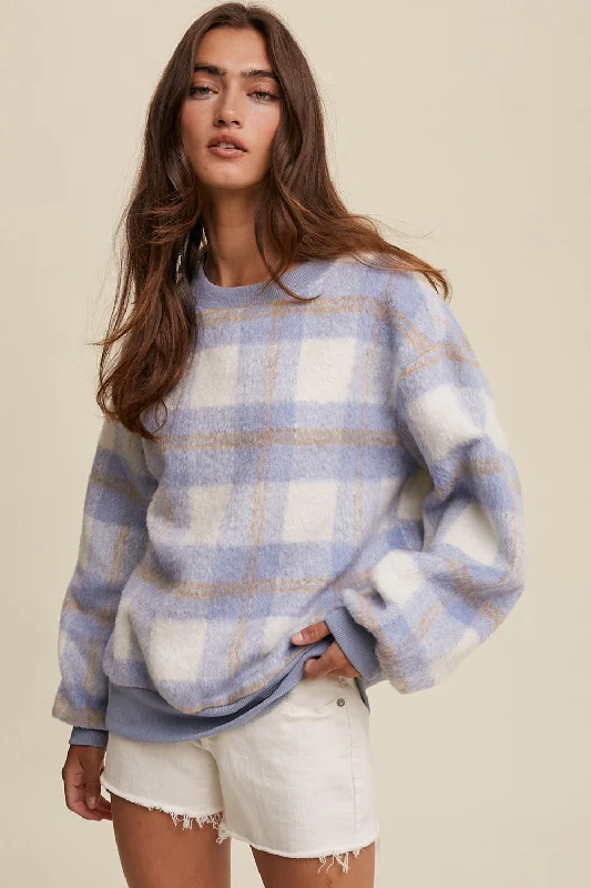 Women's Weekend Outfit Light Blue Plaid Fuzzy Knit Pullover Sweater