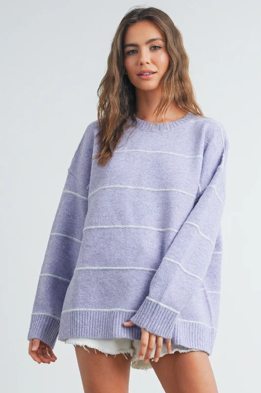 Winter Wardrobe Clearance Lavender Striped Drop Shoulder Sweater