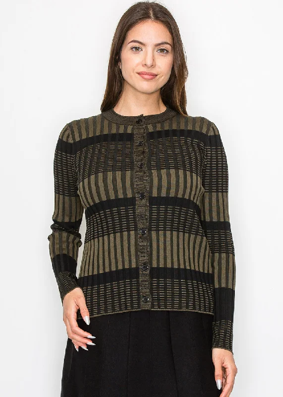 Women's Professional Outfit Olive and Black Buttoned Ribbed Cardigan