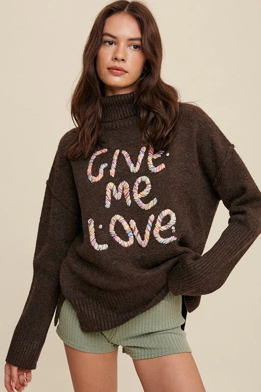 Women's Plus-Size Clothes Give Me Love Stitched Mock Neck Sweater